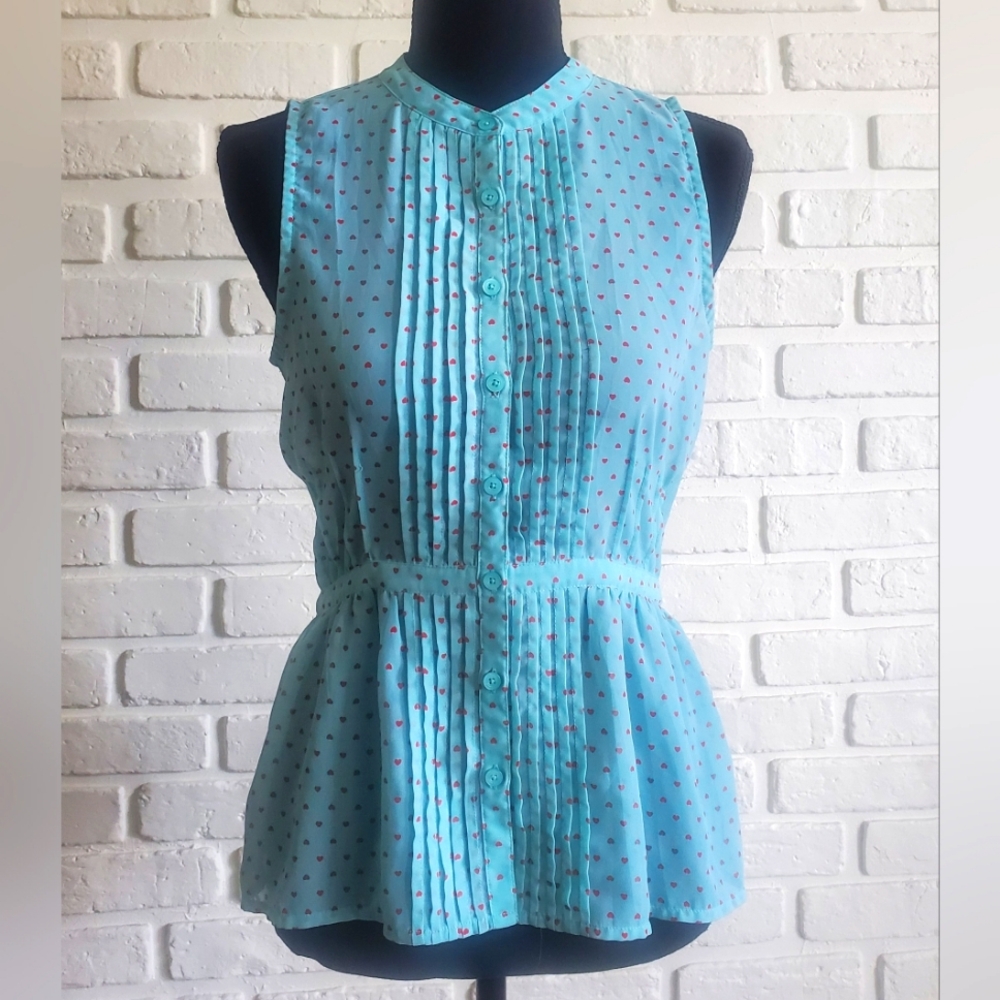 Frenchi Pintuck Pleat Aqua Red Heart Sleeveless Button Blouse Retro Rockabilly